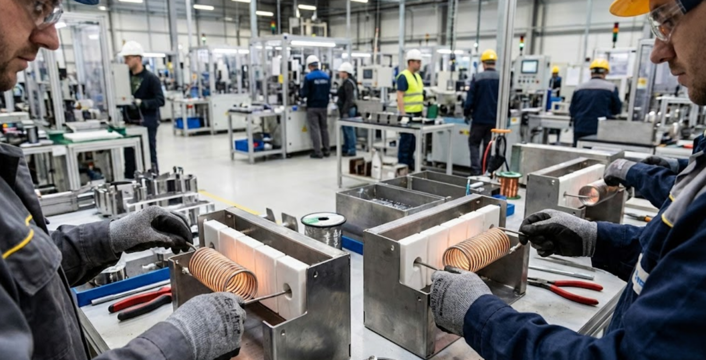 Technicians assembling industrial electric heater coils on a manufacturing floor