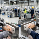 Technicians assembling industrial electric heater coils on a manufacturing floor