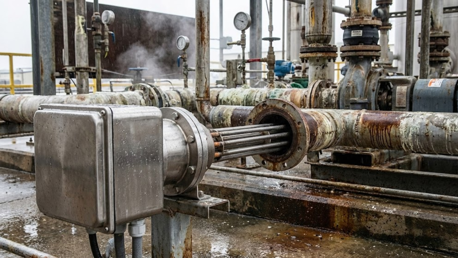 Rugged immersion heater in industrial piping.