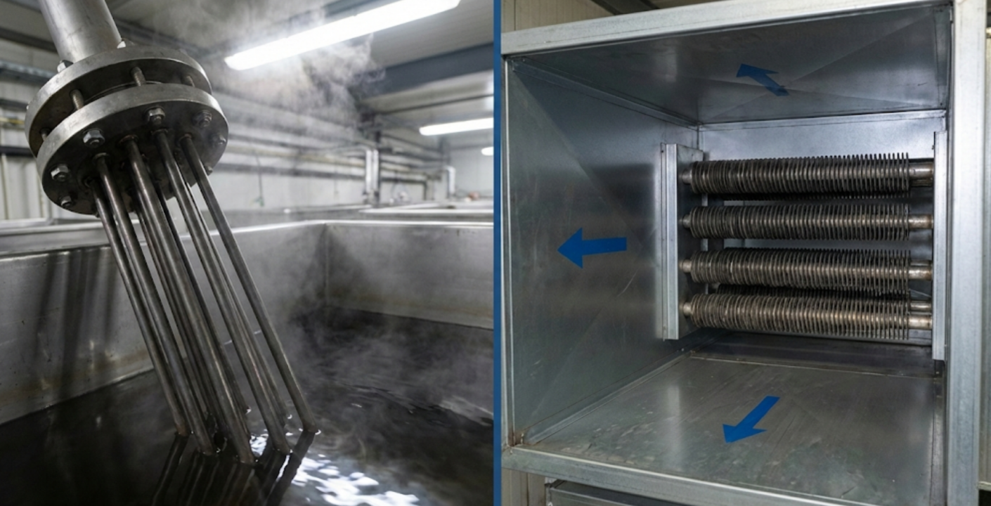 Split view of immersion and air duct heaters.